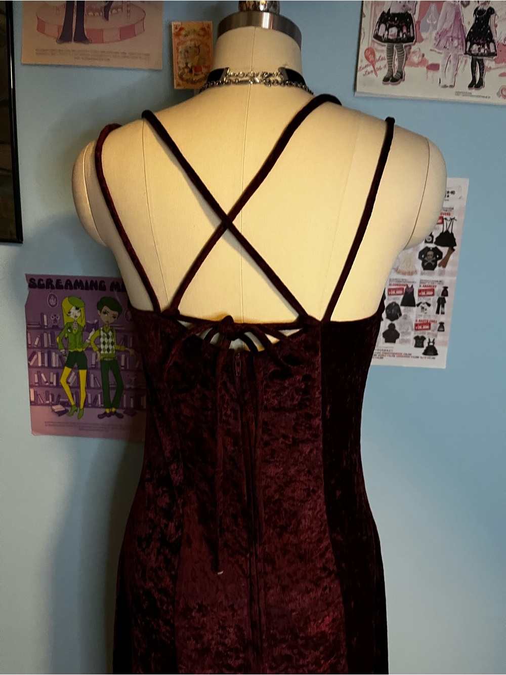 Vintage 90s Y2K Burgundy Stretch Velvet Whimsigoth Maxi Dress Sm/Md - Picture 2 of 10
